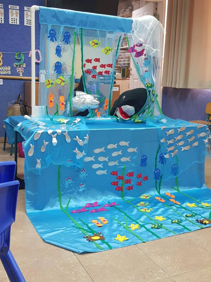 תפאורת ים בעבודת יד: במת תאטרון בובות עם לווייתן, דג כסוף ודגי לבד צבעוניים